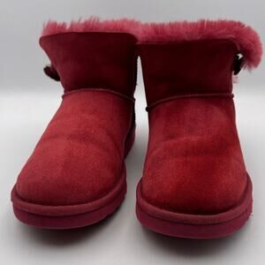 UGG Red Suede Womens 8 Warn Shearling Bailey Swarovski Button Bling Mini Boots